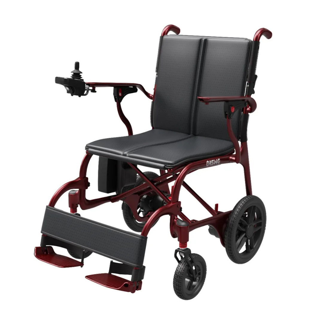 The Easwe® C30 – Ultra Lightweight Carbon Fiber Electric Wheelchair features a maroon frame, black padded seat and backrest, armrests, footrests, and a right-side joystick control—perfect for comfortable, independent mobility.